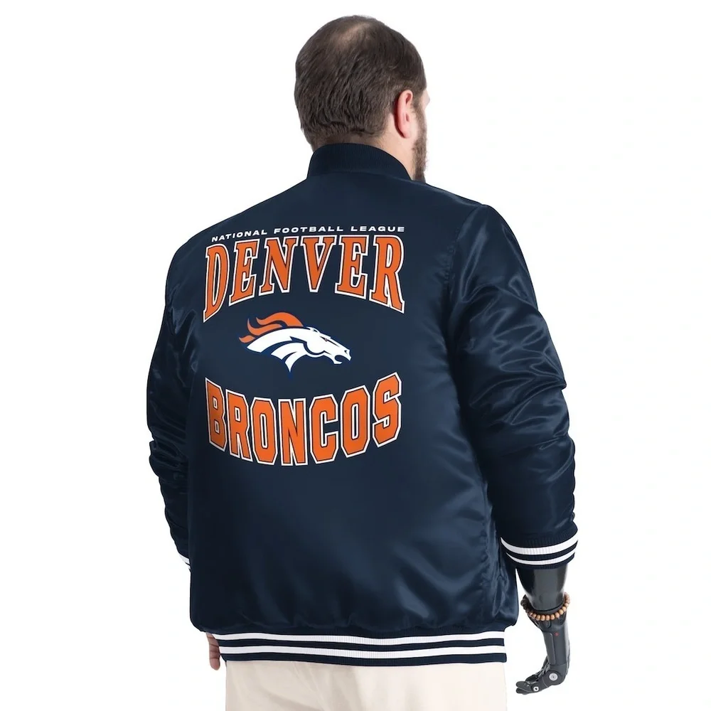 New Denver Broncos Team Graphic  Full-Snap Navy Blue Satin Men's Varsity Bomber